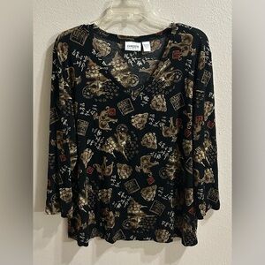 Chicos Travelers Blouse Top Size 3 (XL) Slinky Knit Asian Print Elephants Artsy
